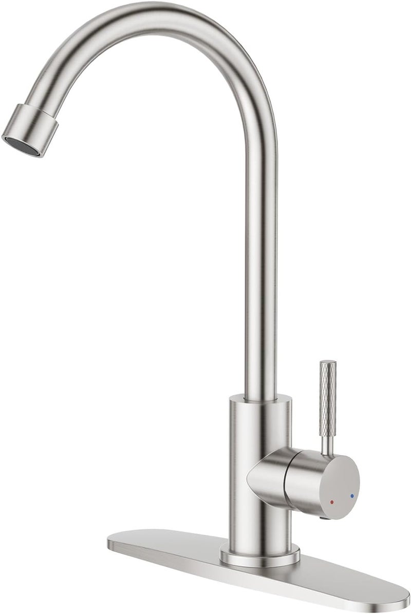 Crea Brushed Faucet for Kitchen Bar Outdoor Sink 1 Hole 3Holes(with Deck Plate)，High Arc 360°Swivle Single Handle Tap Brushed 304 Stainless Steel - Image 1